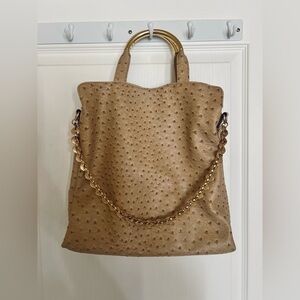 Ivanka Trump Tan Ostrich-Embossed Shoulder Bag with Gold Hardware